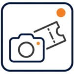Minimal Attractions & Activities icon featuring a navy camera and a charcoal ticket, with orange accent circles, all within a rounded square frame.
