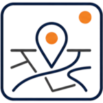 Minimal City Guide icon featuring a navy location pin over a simple map line design, with orange accent circles, all within a rounded square frame.