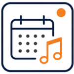 Minimal Events & Festivals icon featuring a navy calendar with charcoal date dots, an orange music note, and an orange accent circle, all within a rounded square frame.
