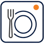Minimal Food & Dining icon featuring a fork beside a simple navy plate, with an orange accent circle within a rounded square frame.