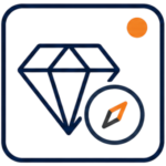 Minimal Hidden Gems icon featuring a navy diamond, a small compass symbol, and an orange accent circle, all within a rounded square frame.