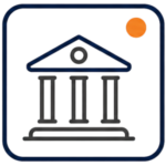 Minimal History & Culture icon featuring a navy and charcoal-colored classical museum building with an orange accent circle, all within a rounded square frame.