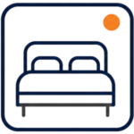 Minimal Places to Stay icon featuring a navy bed with two pillows and an orange accent circle, all within a rounded square frame.