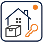 Minimal Relocation & Living icon featuring a navy house outline, a moving box, an orange key, and an orange accent circle, all within a rounded square frame.